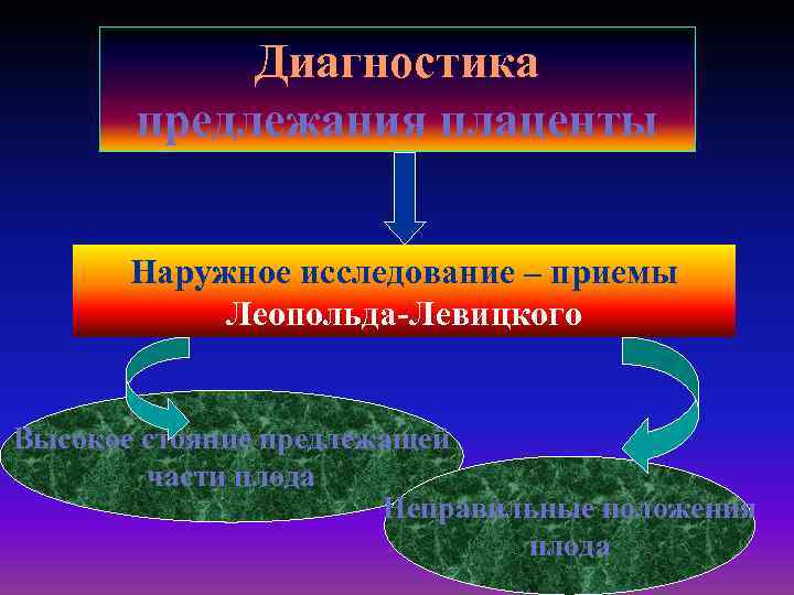 Диагностика предлежания плаценты Наружное исследование – приемы Леопольда-Левицкого Высокое стояние предлежащей части плода Неправильные