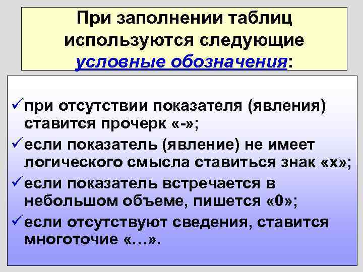 При заполнении таблиц используются следующие условные обозначения: ü при отсутствии показателя (явления) ставится прочерк