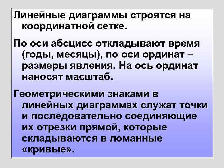 Линейные диаграммы строятся на координатной сетке. По оси абсцисс откладывают время (годы, месяцы), по