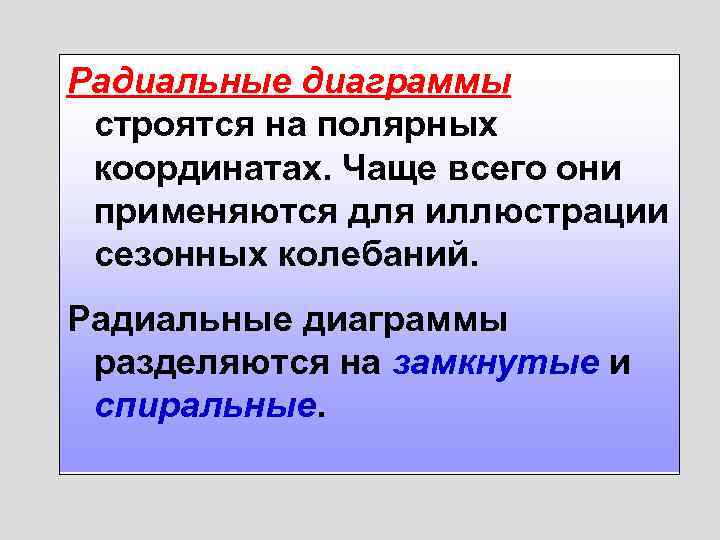 Радиальные диаграммы строятся на полярных координатах. Чаще всего они применяются для иллюстрации сезонных колебаний.