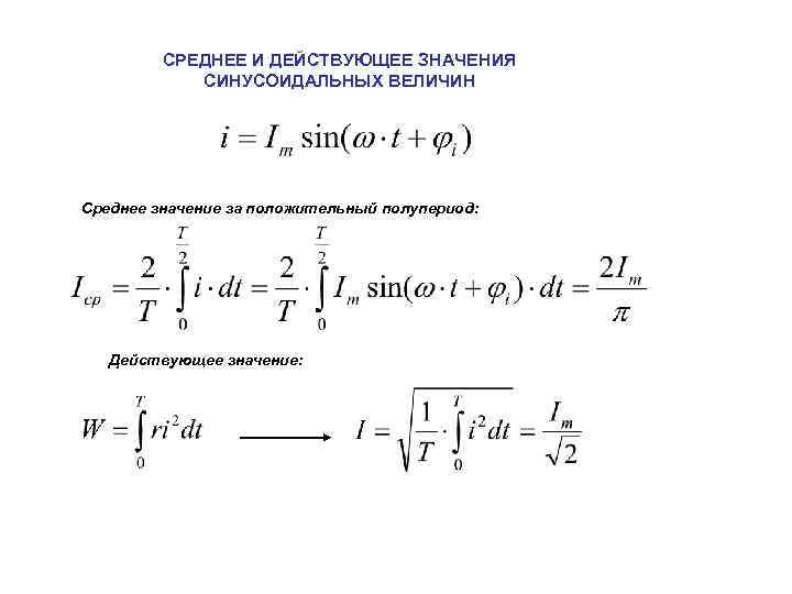СРЕДНЕЕ И ДЕЙСТВУЮЩЕЕ ЗНАЧЕНИЯ СИНУСОИДАЛЬНЫХ ВЕЛИЧИН Среднее значение за положительный полупериод: Действующее значение: 