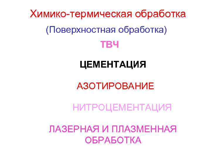 Химико-термическая обработка (Поверхностная обработка) ТВЧ ЦЕМЕНТАЦИЯ АЗОТИРОВАНИЕ НИТРОЦЕМЕНТАЦИЯ ЛАЗЕРНАЯ И ПЛАЗМЕННАЯ ОБРАБОТКА 