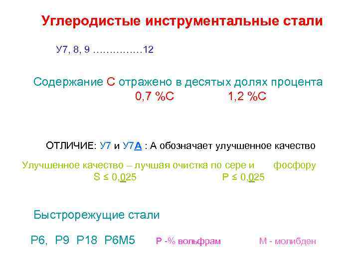 Углеродистые инструментальные стали У 7, 8, 9 …………… 12 Содержание С отражено в десятых