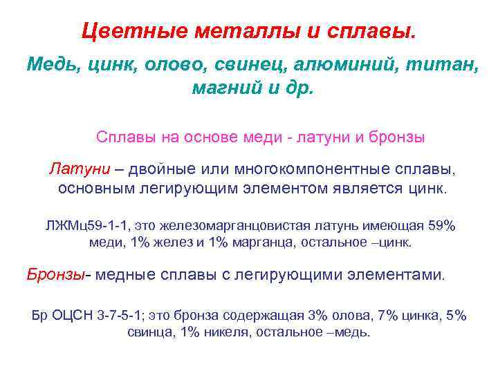 Цветные металлы и сплавы. Медь, цинк, олово, свинец, алюминий, титан, магний и др. Сплавы