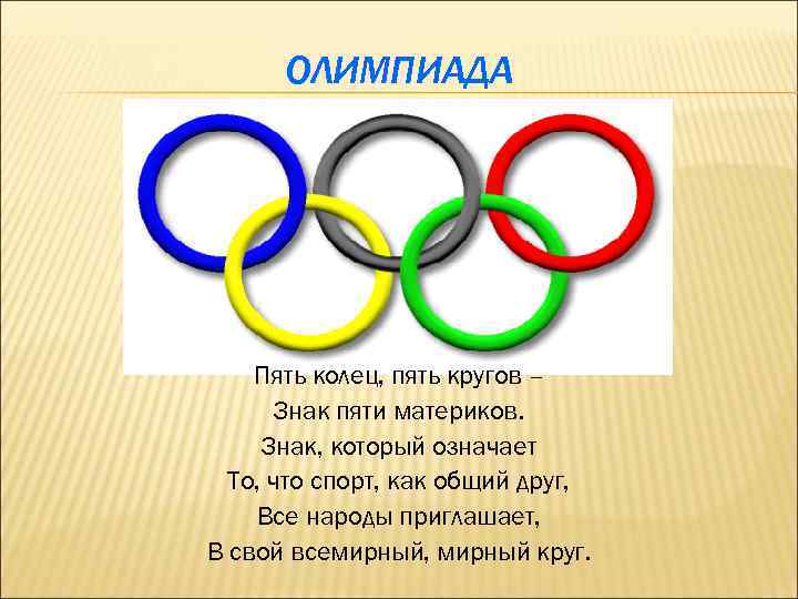 ОЛИМПИАДА Пять колец, пять кругов – Знак пяти материков. Знак, который означает То, что