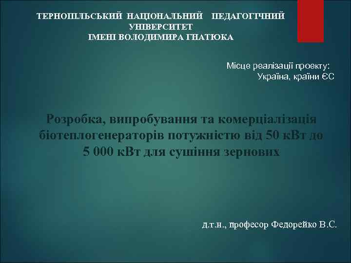 ТЕРНОПІЛЬСЬКИЙ НАЦІОНАЛЬНИЙ ПЕДАГОГІЧНИЙ УНІВЕРСИТЕТ ІМЕНІ ВОЛОДИМИРА ГНАТЮКА Місце реалізації проекту: Україна, країни ЄС Розробка,