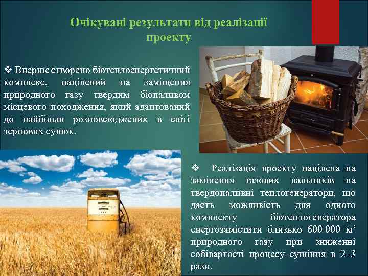 Очікувані результати від реалізації проекту v Вперше створено біотеплоенергетичний комплекс, націлений на заміщення природного