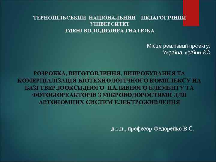 ТЕРНОПІЛЬСЬКИЙ НАЦІОНАЛЬНИЙ ПЕДАГОГІЧНИЙ УНІВЕРСИТЕТ ІМЕНІ ВОЛОДИМИРА ГНАТЮКА Місце реалізації проекту: Україна, країни ЄС РОЗРОБКА,
