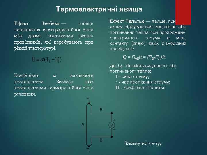 Термоелектричні явища Ефект Зеебека — явище виникнення електрорушійної сили між двома контактами різних провідників,