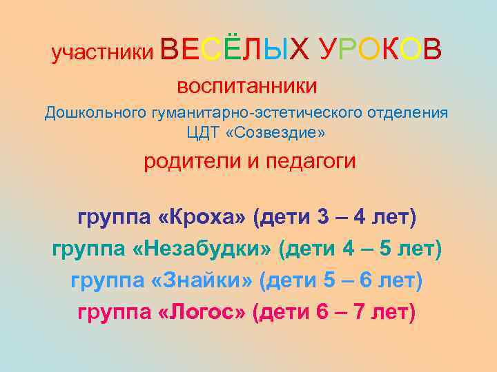 участники ВЕСЁЛЫХ УРОКОВ воспитанники Дошкольного гуманитарно-эстетического отделения ЦДТ «Созвездие» родители и педагоги группа «Кроха»