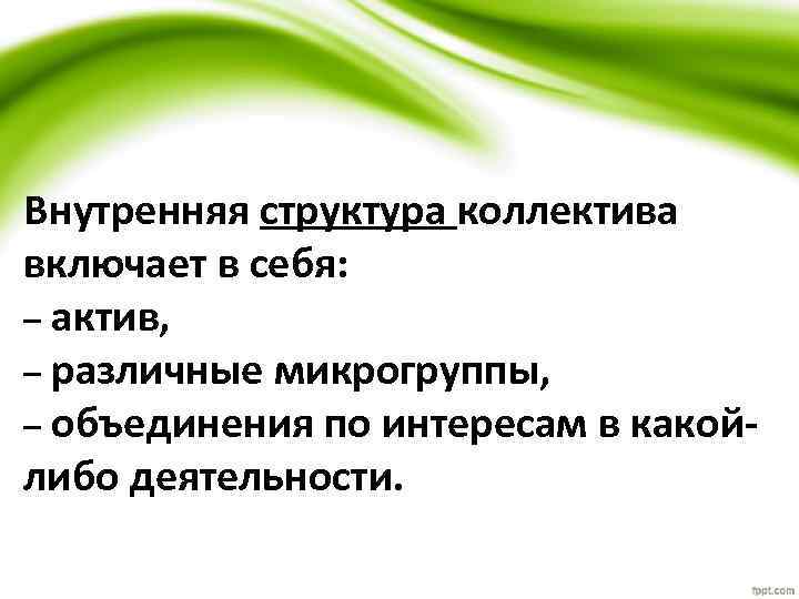 Внутренняя структура коллектива включает в себя: – актив, – различные микрогруппы, – объединения по