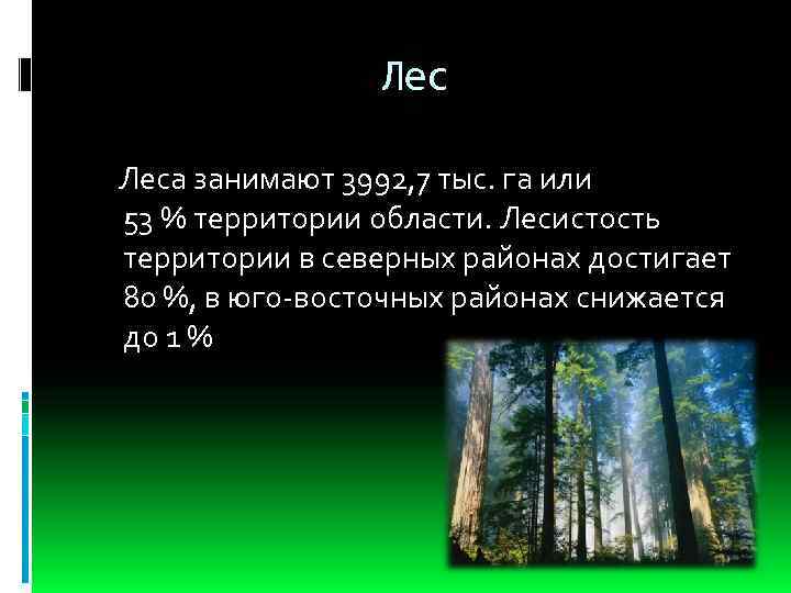 Лес Леса занимают 3992, 7 тыс. га или 53 % территории области. Лесистость территории