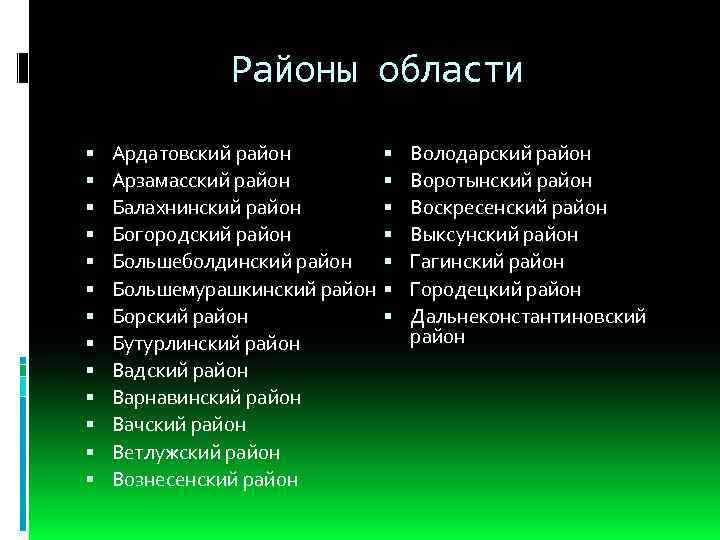 Районы области Ардатовский район Арзамасский район Балахнинский район Богородский район Большеболдинский район Большемурашкинский район