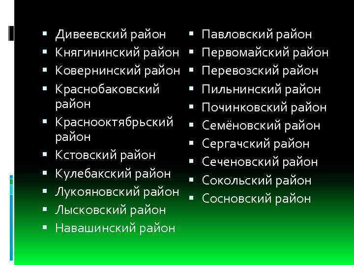  Дивеевский район Княгининский район Ковернинский район Краснобаковский район Краснооктябрьский район Кстовский район Кулебакский
