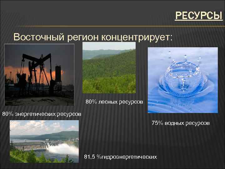 РЕСУРСЫ Восточный регион концентрирует: 80% лесных ресурсов 80% энергетических ресурсов 75% водных ресурсов 81,