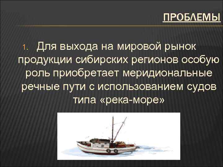 ПРОБЛЕМЫ Для выхода на мировой рынок продукции сибирских регионов особую роль приобретает меридиональные речные