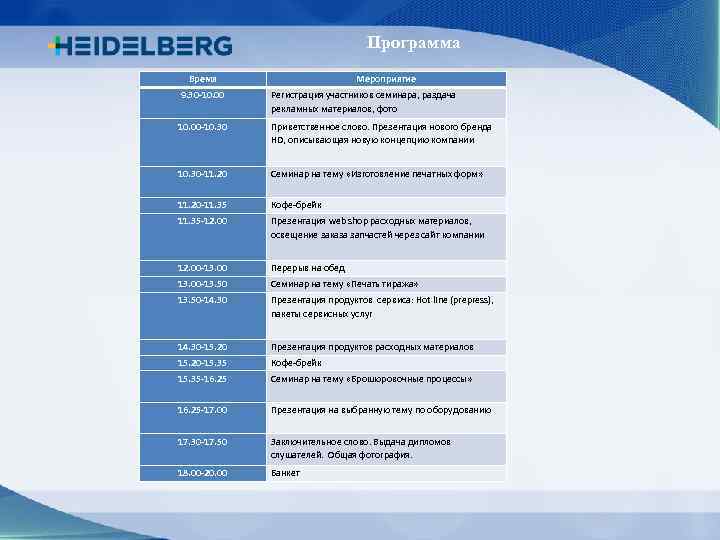 Программа Время Мероприятие 9. 30 -10. 00 Регистрация участников семинара, раздача рекламных материалов, фото
