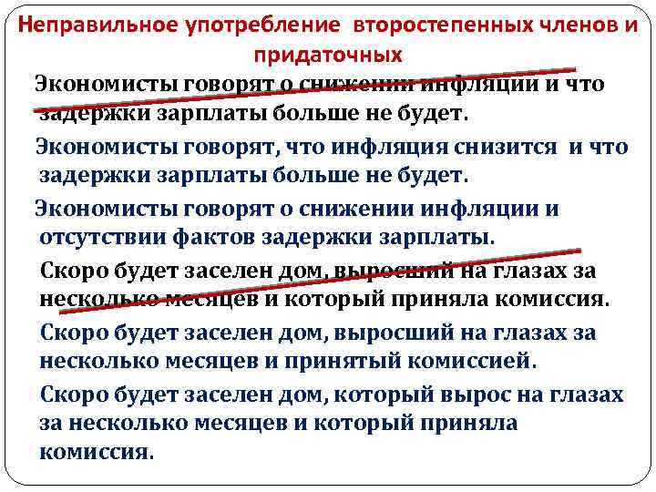 Неправильное употребление второстепенных членов и придаточных Экономисты говорят о снижении инфляции и что задержки