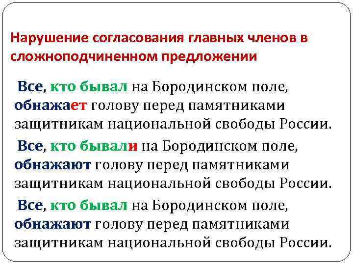 Нарушение согласования главных членов в сложноподчиненном предложении Все, кто бывал на Бородинском поле, Все