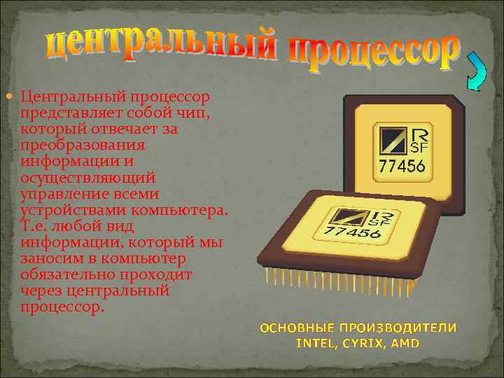  Центральный процессор представляет собой чип, который отвечает за преобразования информации и осуществляющий управление