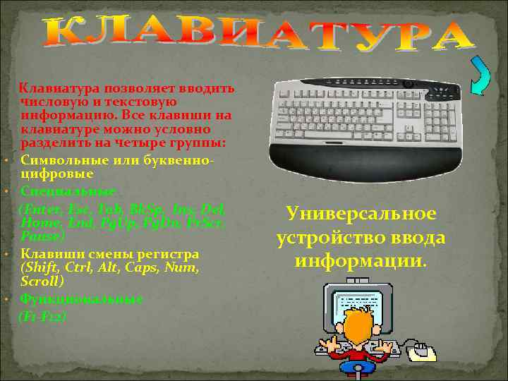  • • Клавиатура позволяет вводить числовую и текстовую информацию. Все клавиши на клавиатуре