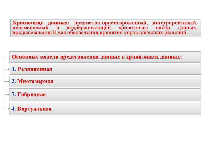 2 Хранилище данных: предметно-ориентированный, интегрированный, неизменяемый и поддерживающий хронологию набор данных, предназначенный для обеспечения