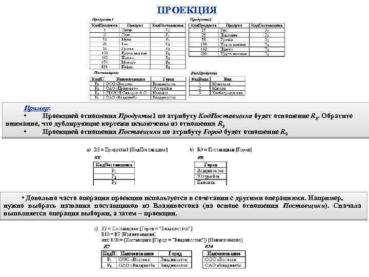 ПРОЕКЦИЯ Пример: • Проекцией отношения Продукты1 по атрибуту Код. Поставщика будет отношение R 8.
