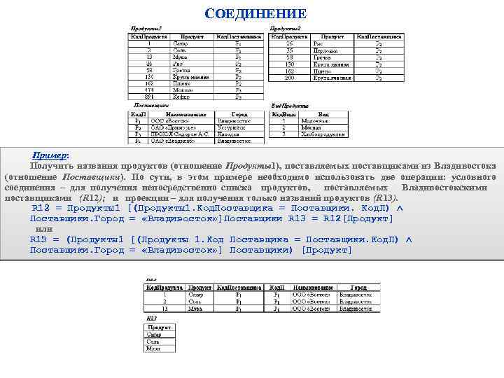 СОЕДИНЕНИЕ Пример: Получить названия продуктов (отношение Продукты1), поставляемых поставщиками из Владивостока (отношение Поставщики). По