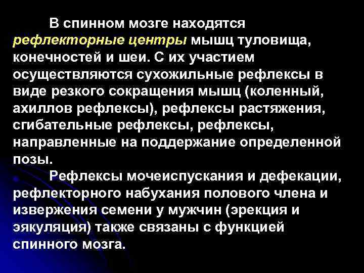 В спинном мозге находятся рефлекторные центры мышц туловища, конечностей и шеи. С их участием