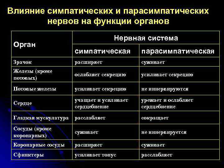 Влияние симпатических и парасимпатических нервов на функции органов Орган Нервная система симпатическая парасимпатическая Зрачок