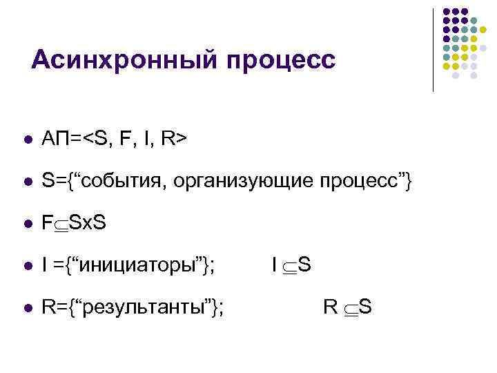 Асинхронный процесс l АП=<S, F, I, R> l S={“события, организующие процесс”} l F Sx.