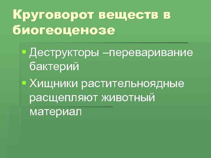 Круговорот веществ в биогеоценозе § Деструкторы –переваривание бактерий § Хищники растительноядные расщепляют животный материал