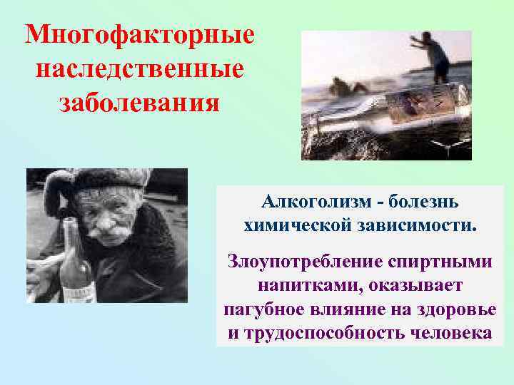Многофакторные наследственные заболевания Алкоголизм - болезнь химической зависимости. Злоупотребление спиртными напитками, оказывает пагубное влияние