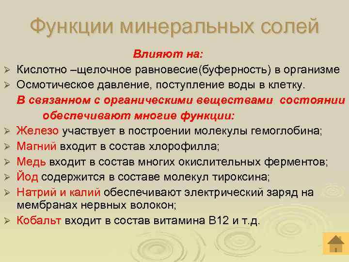 Функции минеральных солей Ø Ø Ø Ø Влияют на: Кислотно –щелочное равновесие(буферность) в организме