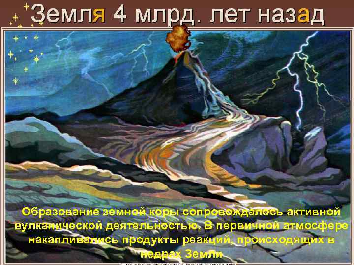 Образование земной коры сопровождалось активной вулканической деятельностью. В первичной атмосфере накапливались продукты реакций, происходящих
