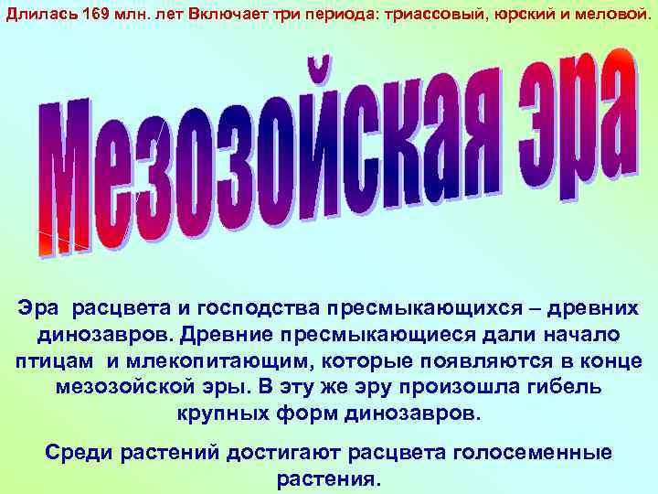 Длилась 169 млн. лет Включает три периода: триассовый, юрский и меловой. Эра расцвета и