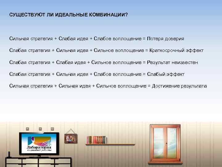 СУЩЕСТВУЮТ ЛИ ИДЕАЛЬНЫЕ КОМБИНАЦИИ? Сильная стратегия + Слабая идея + Слабое воплощение = Потеря