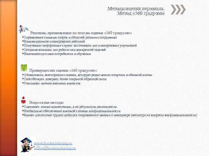 Методы оценки персонала. Метод « 360 градусов» Решения, принимаемые по итогам оценки « 360