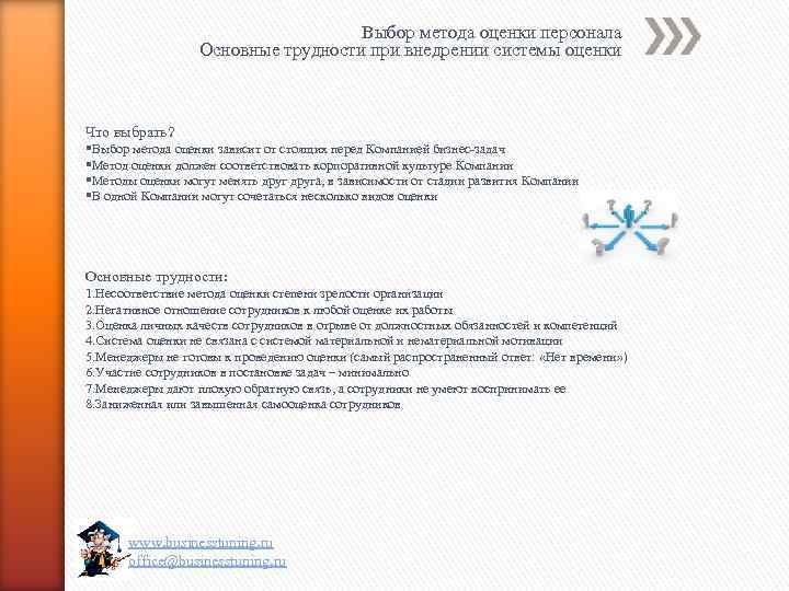 Выбор метода оценки персонала Основные трудности при внедрении системы оценки Что выбрать? §Выбор метода
