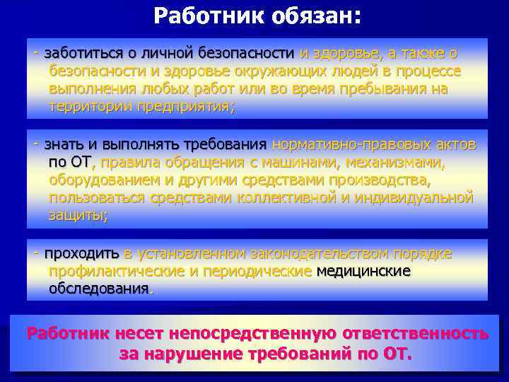 Работник обязан: ‑ заботиться о личной безопасности и здоровье, а также о безопасности и