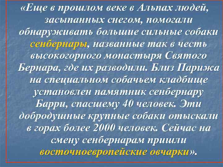  «Еще в прошлом веке в Альпах людей, засыпанных снегом, помогали обнаруживать большие сильные
