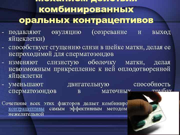 Механизм действия комбинированных оральных контрацептивов - подавляют овуляцию (созревание и выход яйцеклетки) - способствует