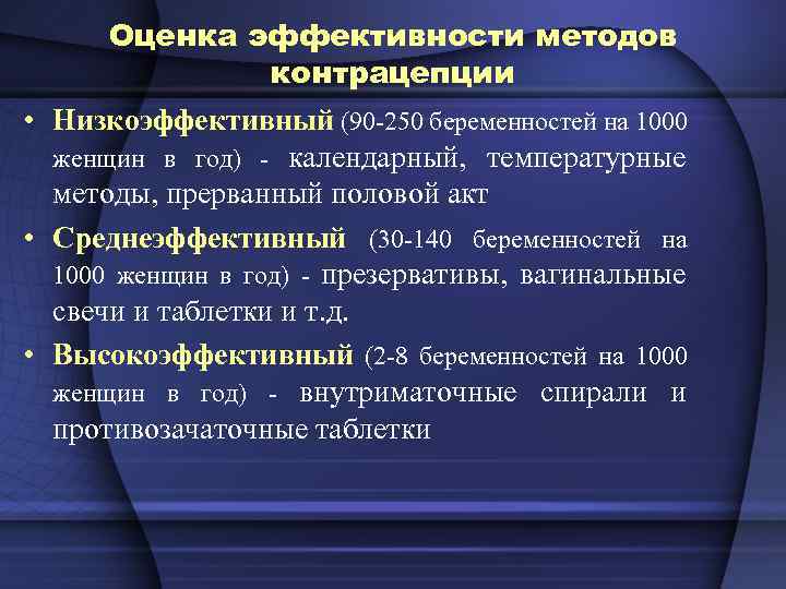 Оценка эффективности методов контрацепции • Низкоэффективный (90 -250 беременностей на 1000 женщин в год)