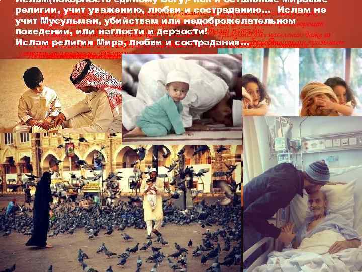 Ислам(покорность единому Богу)- как и остальные мировые религии, учит уважению, любви и состраданию… Ислам