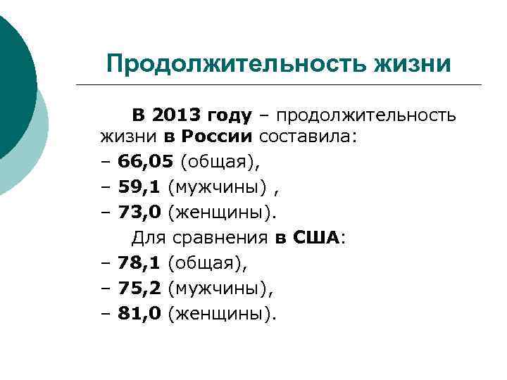 Продолжительность жизни В 2013 году – продолжительность жизни в России составила: – 66, 05