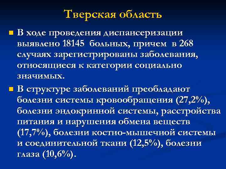 Тверская область В ходе проведения диспансеризации выявлено 18145 больных, причем в 268 случаях зарегистрированы