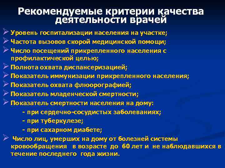 Рекомендуемые критерии качества деятельности врачей Ø Уровень госпитализации населения на участке; Ø Частота вызовов