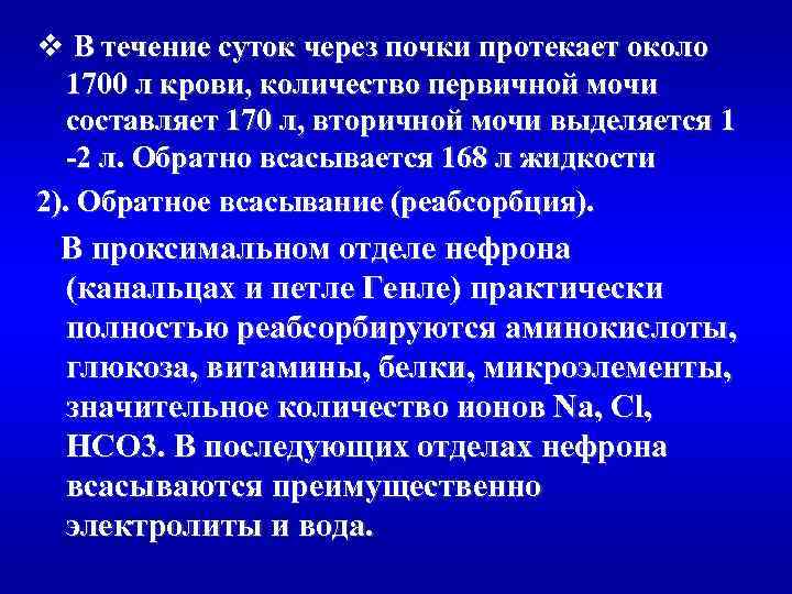 v В течение суток через почки протекает около 1700 л крови, количество первичной мочи