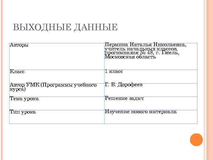 ВЫХОДНЫЕ ДАННЫЕ Авторы Пермина Наталья Николаевна, учитель начальных классов, прогимназия № 48, г. Гжель,