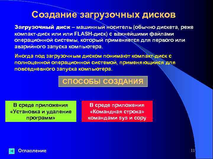 Создание загрузочных дисков Загрузочный диск – машинный носитель (обычно дискета, реже компакт-диск или FLASH-диск)